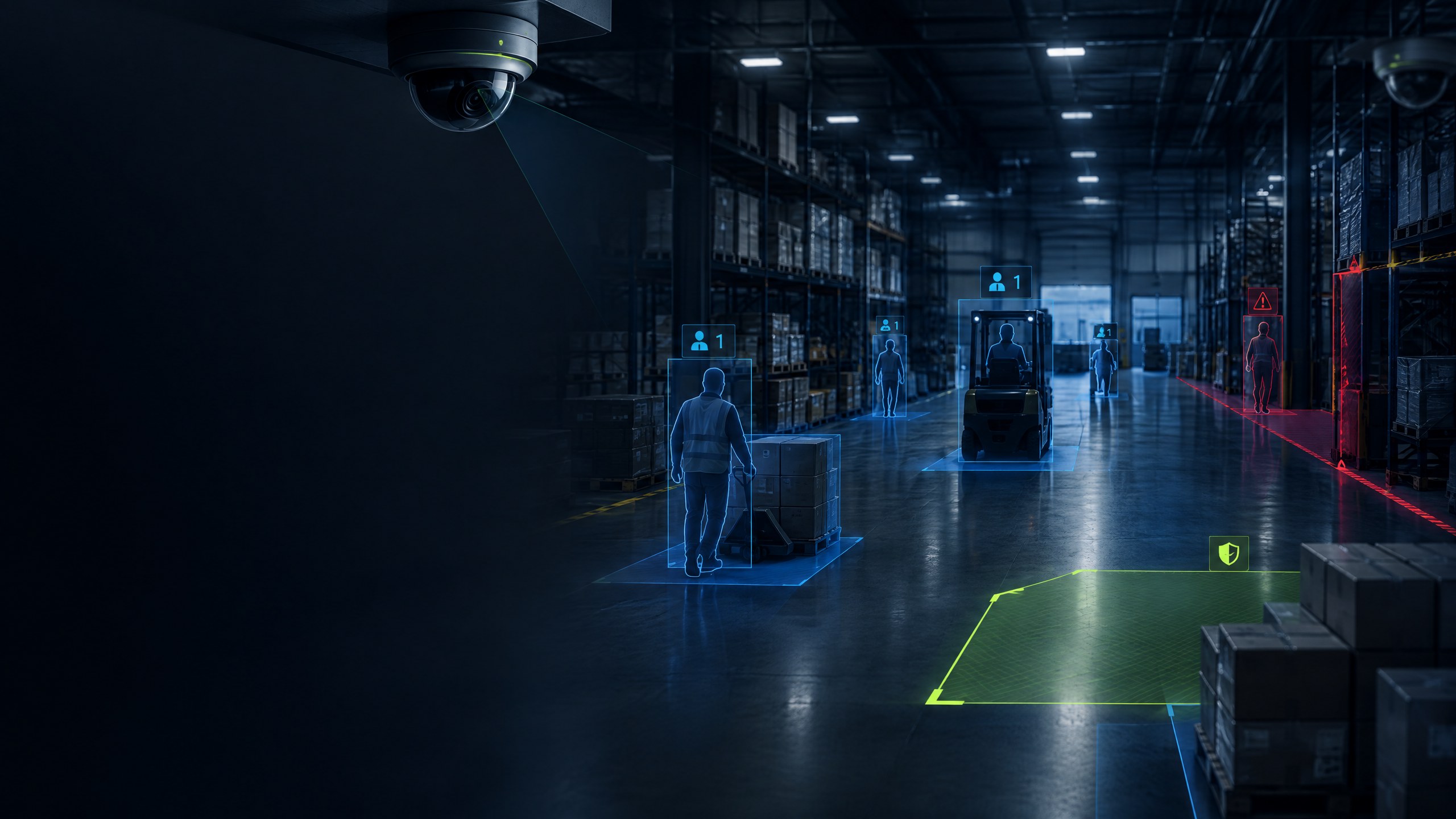 Warehouse camera network with AI activity and perimeter detection overlays